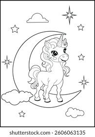 Bold and Easy Printable Unicorn Coloring Page for Kids. Cute, Hand-Drawn, Black and White Coloring Sheet with Cartoon Characters and Simple Doodles
