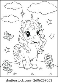 Bold and Easy Printable Unicorn Coloring Page for Kids. Cute, Hand-Drawn, Black and White Coloring Sheet with Cartoon Characters and Simple Doodles