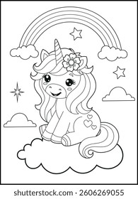 Bold and Easy Printable Unicorn Coloring Page for Kids. Cute, Hand-Drawn, Black and White Coloring Sheet with Cartoon Characters and Simple Doodles