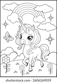 Bold and Easy Printable Unicorn Coloring Page for Kids. Cute, Hand-Drawn, Black and White Coloring Sheet with Cartoon Characters and Simple Doodles