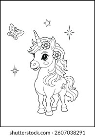 Bold and Easy Printable Unicorn Coloring Page for Kids. Cute, Hand-Drawn, Black and White Coloring Sheet with Cartoon Characters and Simple Doodles