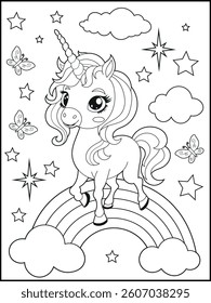 Bold and Easy Printable Unicorn Coloring Page for Kids. Cute, Hand-Drawn, Black and White Coloring Sheet with Cartoon Characters and Simple Doodles