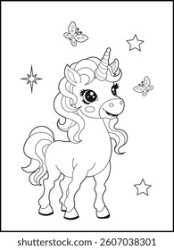 Bold and Easy Printable Unicorn Coloring Page for Kids. Cute, Hand-Drawn, Black and White Coloring Sheet with Cartoon Characters and Simple Doodles