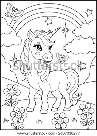 Bold and Easy Printable Unicorn Coloring Page for Kids. Cute, Hand-Drawn, Black and White Coloring Sheet with Cartoon Characters and Simple Doodles