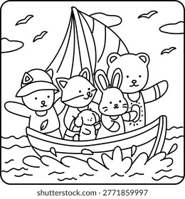 A bold and easy summer coloring page vector illustration depicts a group of cheerful animal friends, including a cat, fox, rabbit, bear, and dog, enjoying a sail on a boat across the water under a clear sky.