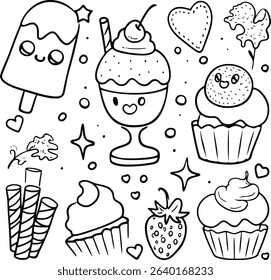Bold and easy vector line art items for coloring page with cute kawaii-style desserts: popsicle, ice cream sundae, cupcake, meringue, wafer rolls, strawberry, hearts, and stars.