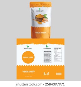 Bold and eco-friendly turmeric powder pouch packaging with a clean and natural design. Ideal for organic spice, herbal remedies, and Ayurvedic product branding