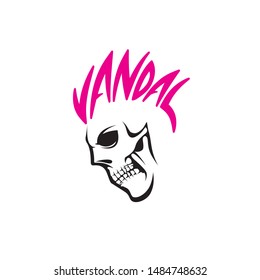A bold and edgy vector illustration of a stylized skull featuring a vibrant pink mohawk. The design includes aggressive graffiti-style VANDAL text, capturing the essence of punk rock culture, rebellion, and urban street art. This high-impact mascot is perfect for streetwear clothing lines, rock bands, skate shops, gaming clans, and alternative lifestyle brands seeking a defiant visual identity.