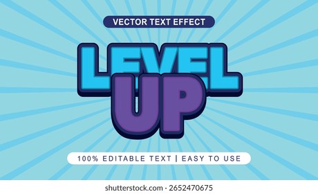 bold editable level up text effect in blue and purple color with sunburst background illustration