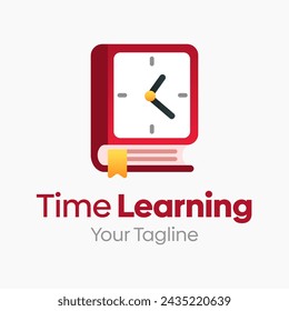 A bold educational logo featuring a red alarm clock with a book element integrated at its base, rendered in vibrant red flat vector style. The precise composition communicates time-based learning and scheduled education identity. Ideal for timed education brands, scheduled learning platforms, study timer services, academic time companies, and learning identity startups.