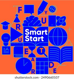 Afiche educativo audaz titulado "Smart Start", con una mezcla de iconos educativos y tipografía vibrante sobre un fondo naranja y azul.