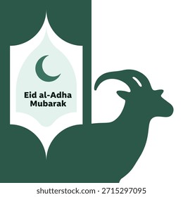 Audaz tarjeta de Eid al-Adha Mubarak con silueta de cabeza de cabra e icono de luna creciente.
