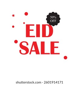 Bold Eid Sale Banner with Red Typography Discount Badge and Festive Elements on a White Background Ideal for Online Promotions Social Media Ads and E-commerce Sales