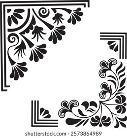 A bold and elegant design featuring a black silhouette of intricate corner ornaments. The composition combines sharp geometric lines with flowing floral elements, including spirals, curves, 