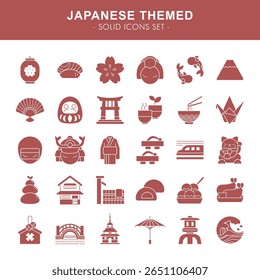 Um conjunto de ícones sólidos com temática japonesa arrojado e elegante com 30 símbolos distintos representando a essência da cultura japonesa.