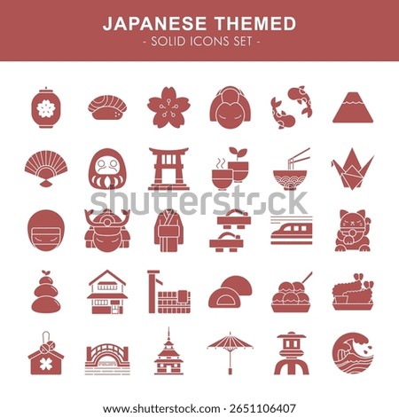 A bold and elegant Japanese-themed solid icon set featuring 30 distinct symbols representing the essence of Japanese culture.