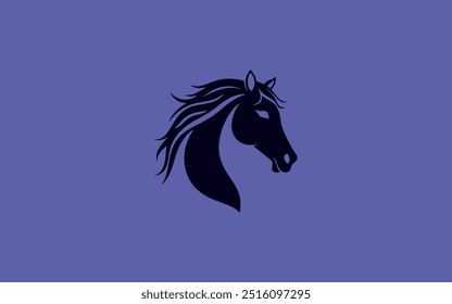 Um logotipo ousado e elegante com a silhueta da cabeça de um cavalo com uma juba fluindo. O design do cavalo preto é definido contra um fundo roxo rico.