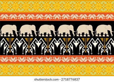 Patrón étnico de elefante audaz inspirado en el arte textil tradicional asiático, bordes geométricos estilo píxel en color naranja, negro y crema, diseño de Vector sin costuras ideal para telas, Fondos de pantalla y fondos decorativos.