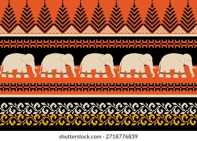 Patrón étnico de elefante audaz inspirado en el arte textil tradicional asiático, bordes geométricos estilo píxel en color naranja, negro y crema, diseño de Vector sin costuras ideal para telas, Fondos de pantalla y fondos decorativos.