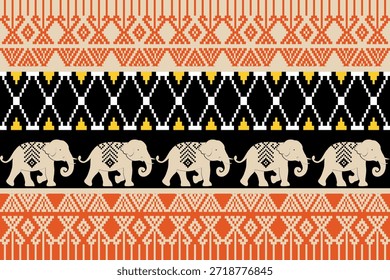 Patrón étnico de elefante audaz inspirado en el arte textil tradicional asiático, bordes geométricos estilo píxel en color naranja, negro y crema, diseño de Vector sin costuras ideal para telas, Fondos de pantalla y fondos decorativos.