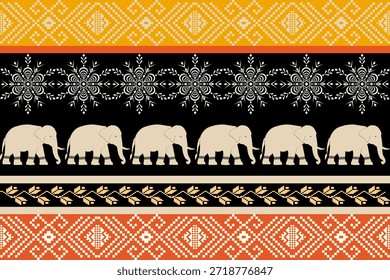 Patrón étnico de elefante audaz inspirado en el arte textil tradicional asiático, bordes geométricos estilo píxel en color naranja, negro y crema, diseño de Vector sin costuras ideal para telas, Fondos de pantalla y fondos decorativos.