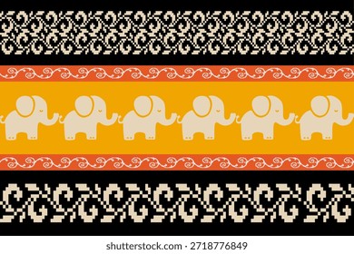 Bold elephant ethnic pattern inspired by Asian traditional textile art, geometric pixel-style borders in orange, black, and cream, seamless vector design ideal for fabric, wallpaper, and decorative backgrounds.