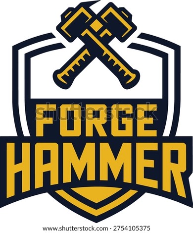 A bold emblem design featuring two crossed hammers positioned above the text "FORGE HAMMER". This graphic has a strong, industrial feel, suitable for branding o