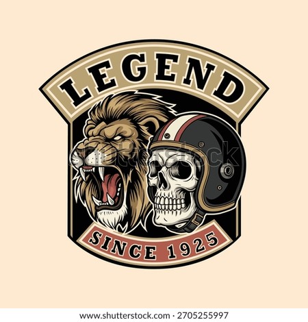 Bold emblem features a roaring lion and a skull with helmet, since 1925, symbolizing strength, heritage, and rebellious spirit for brands and custom apparel