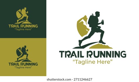 Un audaz emblema con un enérgico corredor de trail, ideal para maratones, grupos de senderismo e identidad de ropa deportiva de aventura.