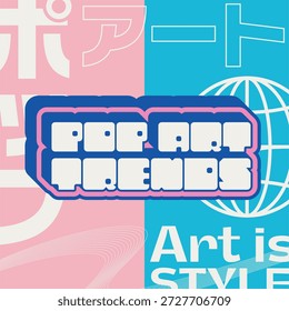 Bold Embossed Style Cute Y2K Style Typography of 'Pop Art Style' with Many Shapes Decorated in White, in Pink and Blue Color