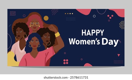 Bold and empowering illustration for Women’s Day featuring four women in strong poses, symbolizing strength, confidence, and the unity of women across the globe.

