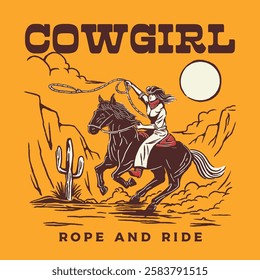 A bold and empowering western illustration of a cowgirl confidently riding and swinging a lasso, set against a desert background, celebrating female strength in the wild west.