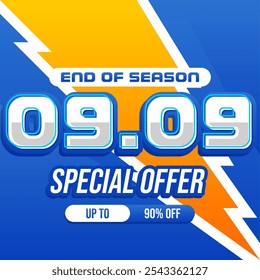 Bold end-of-season sale banner with a blue and orange theme, featuring 01.01 date, 'Special Offer' and up to 90% off. Eye-catching lightning bolt background, ideal for attracting attention to discount