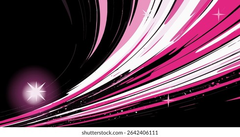 Fundo de anime abstrato ousado e enérgico, com listras afiadas de rosa e branco, e estrelas, criando uma sensação de velocidade e movimento impressionante.