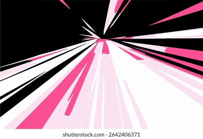 Fundo de anime abstrato ousado e enérgico, com listras afiadas de rosa, branco e preto irradiando do centro, criando uma sensação de velocidade e movimento impressionante.
