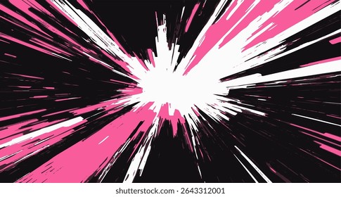 Bold and energetic abstract anime background, with sharp streaks of pink, white, and black radiating from the center, creating a sense of speed and striking motion.