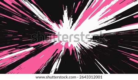 Bold and energetic abstract anime background, with sharp streaks of pink, white, and black radiating from the center, creating a sense of speed and striking motion.
