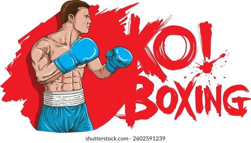A bold and energetic boxing poster features a muscular boxer in a dynamic fighting pose against a striking red background. The text 'KO! BOXING' is prominently displayed in red.