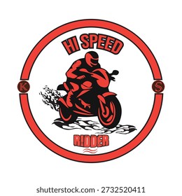 Un diseño de logotipo audaz y enérgico con un ciclista deportivo dinámico en silueta, capturado en movimiento medio. El diseño utiliza un llamativo contraste de rojo intenso y negro intenso contra un vibrante fondo cian, que simboliza la velocidad, la adrenalina y la emoción de la carretera abierta. Encerrado en un marco circular clásico con una tipografía resistente, es la identidad perfecta para un club de motociclistas, un equipo de carreras o una marca de estilo de vida automotriz.
