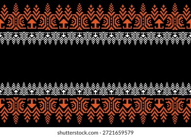 Patrón geométrico étnico audaz inspirado en el arte textil tradicional asiático, bordes ornamentales estilo píxel en naranja, negro y beige, Vector sin costuras e ilustración adecuados para tela, Fondo de pantalla y diseño de impresión.
