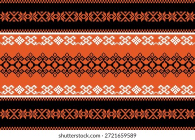 Kühnes, ethnisch-geometrisches Muster, inspiriert von traditioneller asiatischer Textilkunst, orangefarbene, schwarze und beige orangefarbene orangefarbene orangefarbene orangefarbene, orangefarbene, nahtlose Vektorgrafik und Illustration, die sich für Stoff-, Tapeten- und Druckdesign eignet.