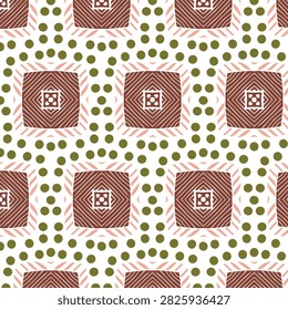 Bold ethnic geometric seamless pattern with textured rust-colored squares, chevron borders, and olive green polka dots on a cream background. Vibrant repeating design suited for textile, fashion, and home decor print.