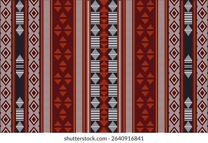 Bold Ethnic Geometric Seamless Pattern,Traditional vector design with repeating vertical stripes, diamond and complex tribal motifs in rich shades of maroon, navy, and contrasting white for textiles