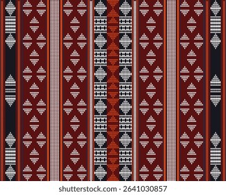 
Bold Ethnic Geometric Seamless Pattern,Traditional vector design with repeating vertical stripes, diamond and complex tribal motifs in rich shades of maroon, navy, and contrasting white for textiles