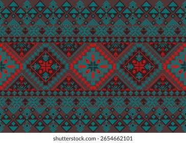 Patrón étnico audaz con Formas de diamantes simétricos en tonos rojos y azules, ideal para textiles, fondos digitales o temas de diseño étnico.