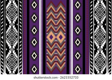 Bold ethnic pattern with a large black diamond center,red,white accents, and symmetrical black motifs on a purple background.