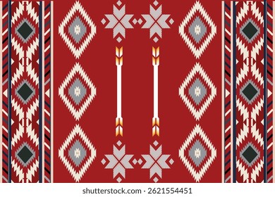 Bold ethnic pattern with a large red diamond center,red,white,black accents, and symmetrical white motifs on a red background.