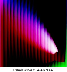 Eine gewagte Erkundung des Farbspektrums mit hohen vertikalen Balken gesättigter Farbe. Von der Mitte geht eine leuchtend weiße Fackel aus, die die Linien verzerrt und ein Gefühl für schnelle Bewegung und intensive Beleuchtung erzeugt.