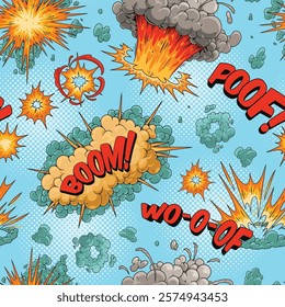 Bold explosion graphics cover a light blue background showcasing a variety of comic-style blasts and sound effects. This vibrant design adds excitement and energy perfect for playful themes.