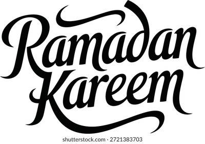 Fette und ausdrucksstarke schwarze Kalligrafie mit der Schreibweise "Ramadan Kareem", die markante Blüten auf sauberem, weißem Hintergrund zeigt.